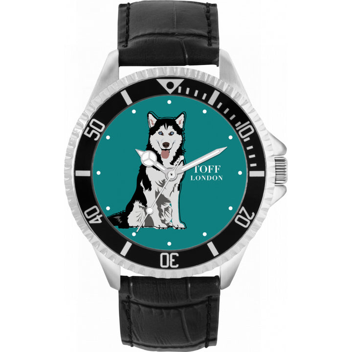 Mens Black And White Husky Dog Watch