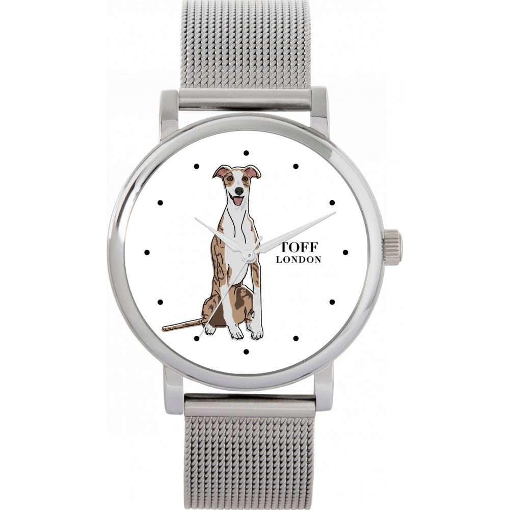 Ladies Striped Beige Whippet Dog Watch