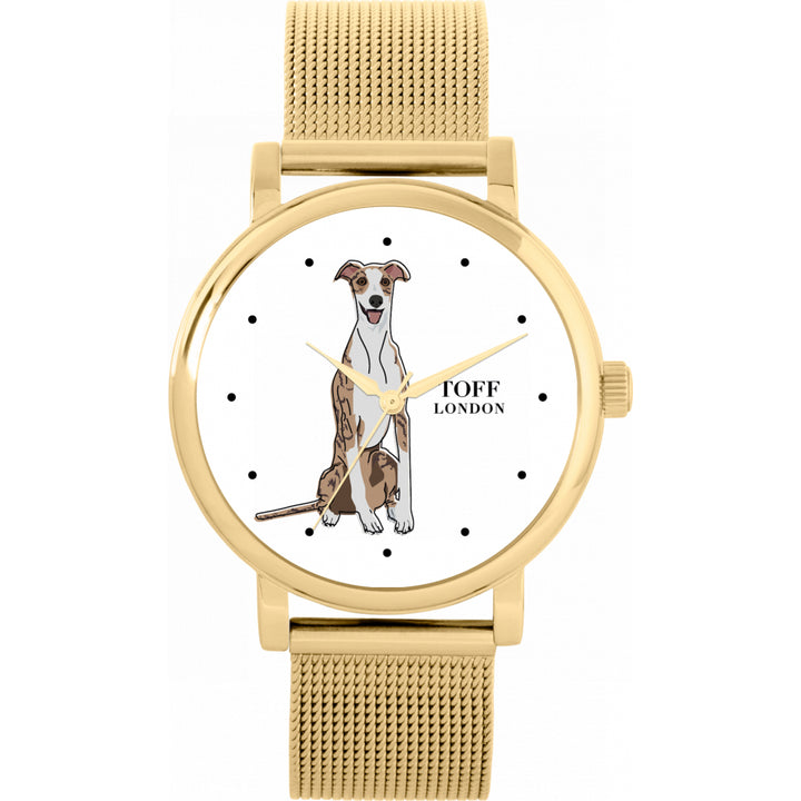 Ladies Striped Beige Whippet Dog Watch