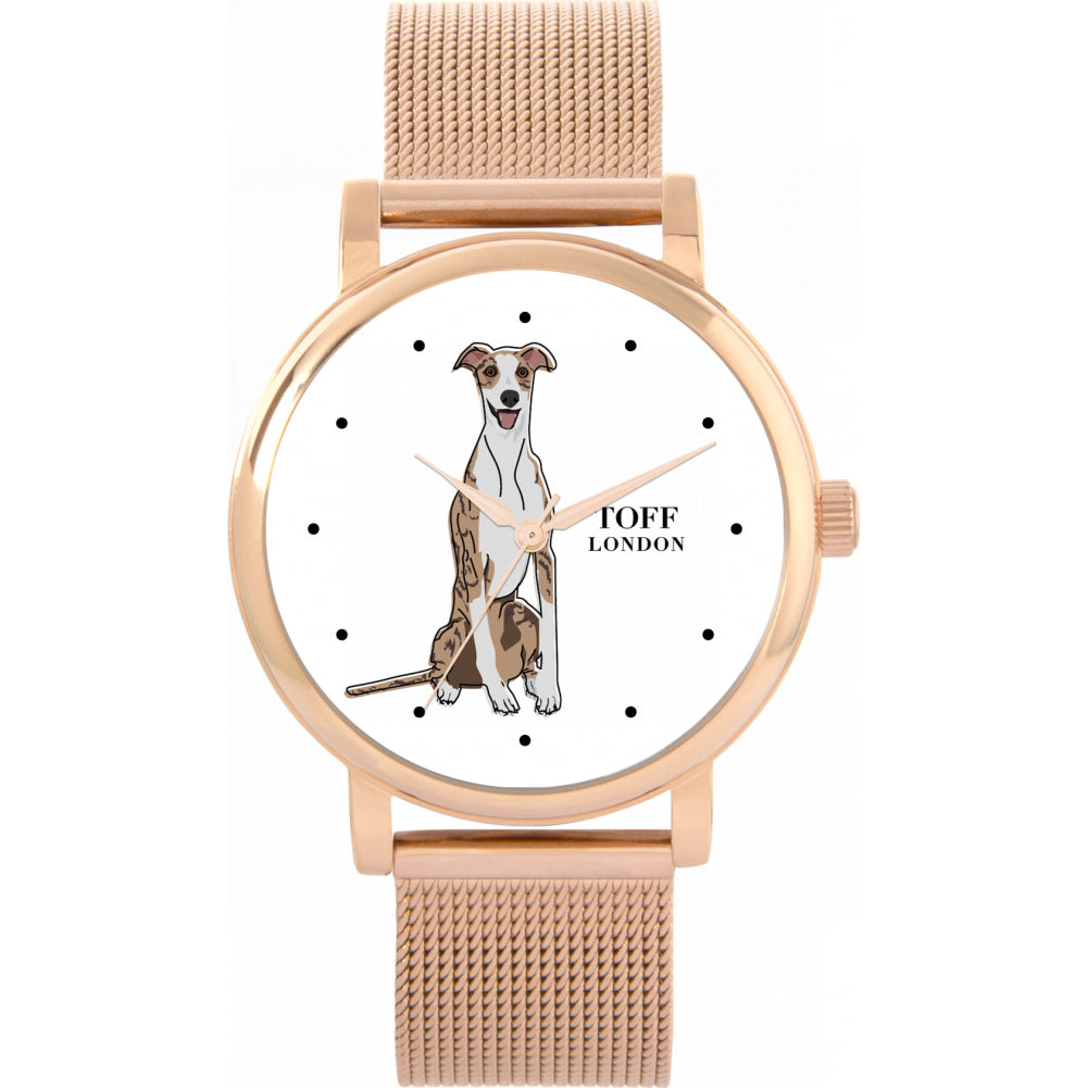 Ladies Striped Beige Whippet Dog Watch