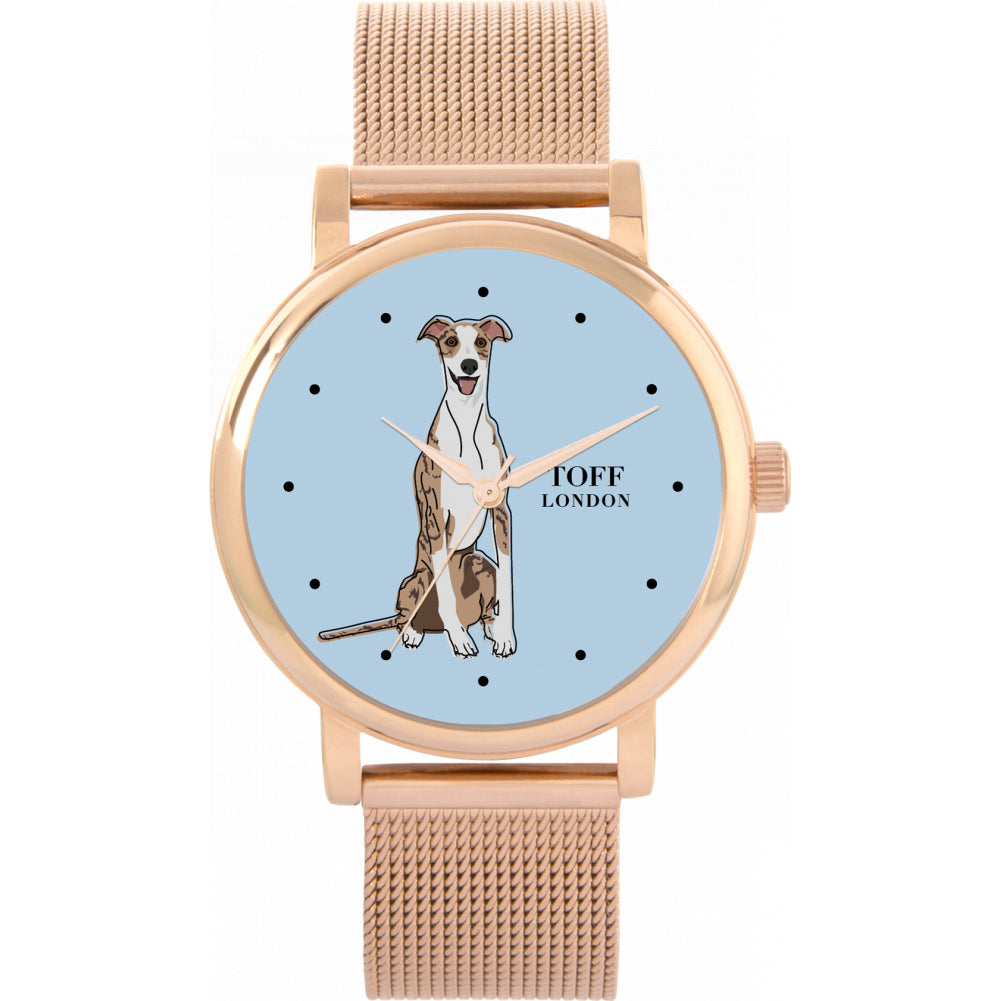 Ladies Striped Beige Whippet Dog Watch