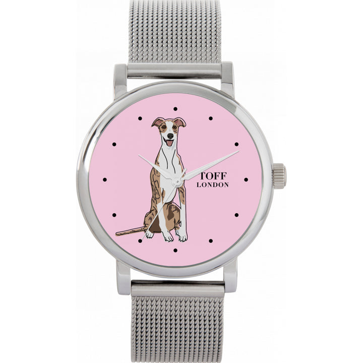 Ladies Striped Beige Whippet Dog Watch