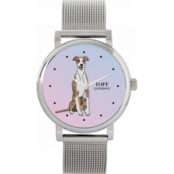 Ladies Striped Beige Whippet Dog Watch