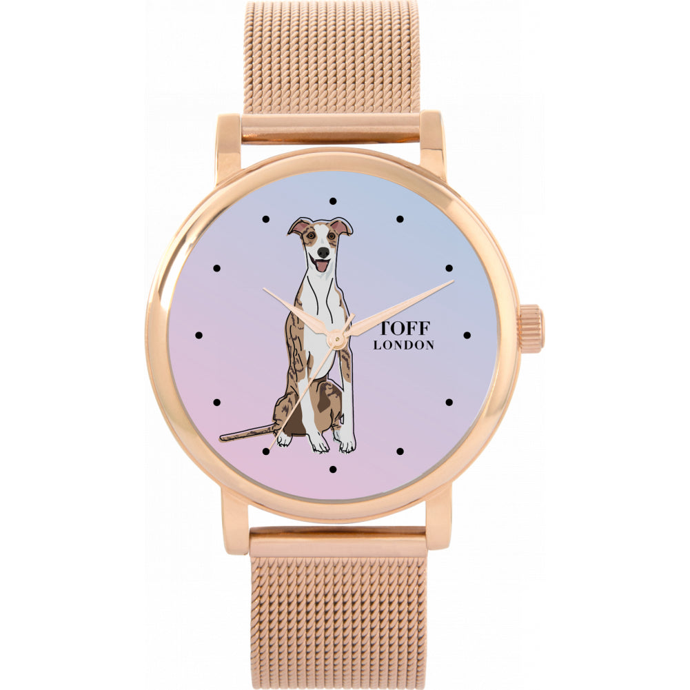 Ladies Striped Beige Whippet Dog Watch