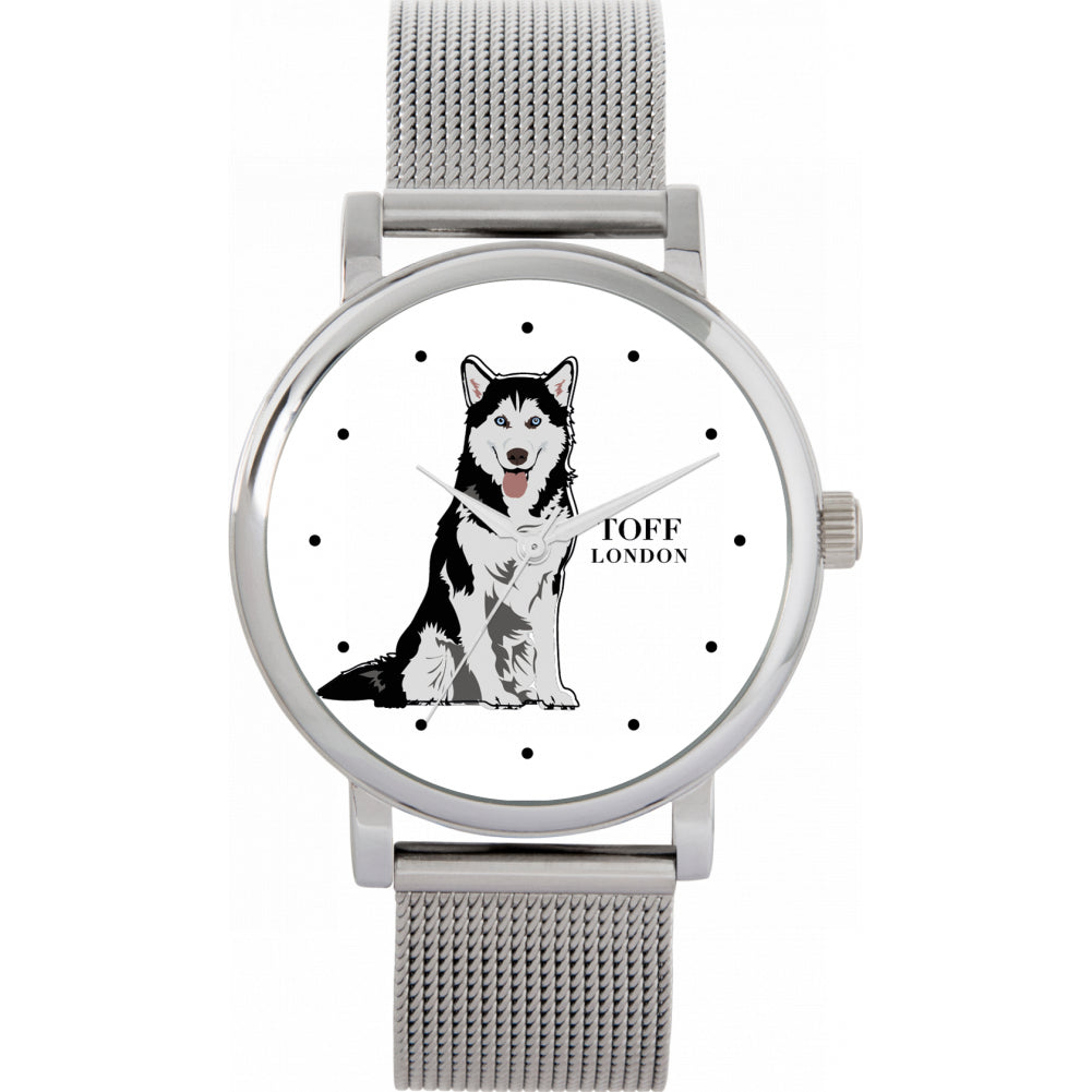 Ladies Black And White Husky Dog Watch
