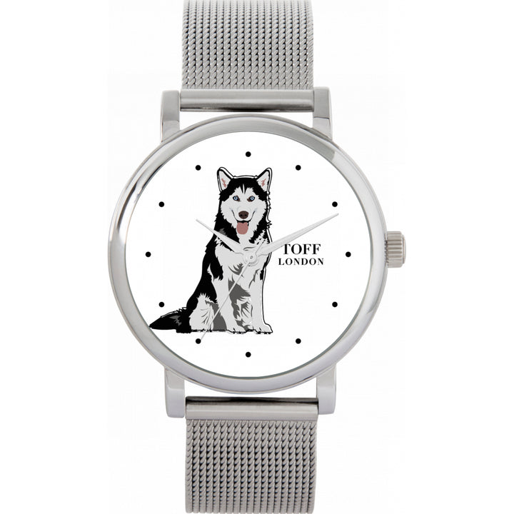 Ladies Black And White Husky Dog Watch