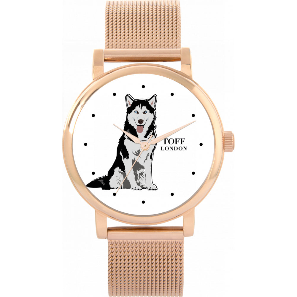 Ladies Black And White Husky Dog Watch
