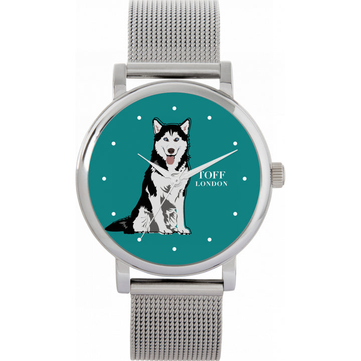 Ladies Black And White Husky Dog Watch