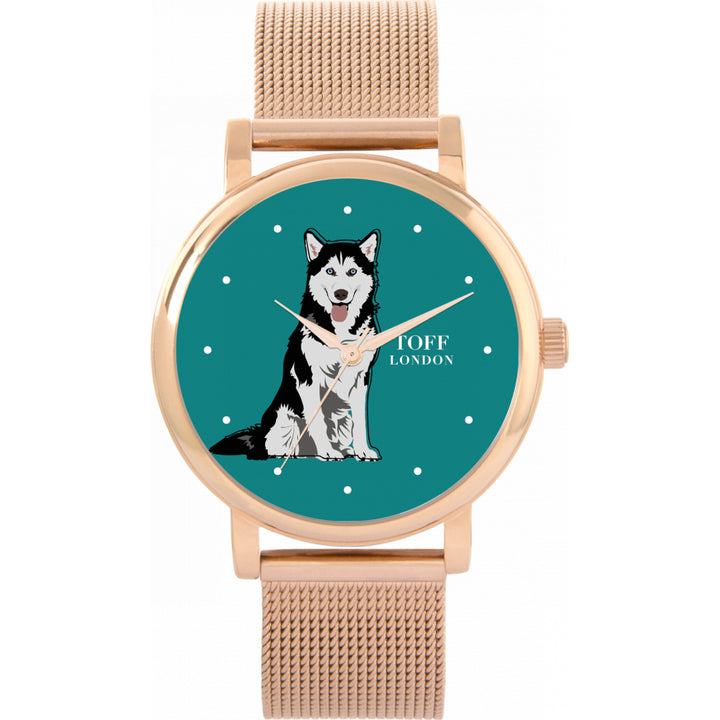 Ladies Black And White Husky Dog Watch