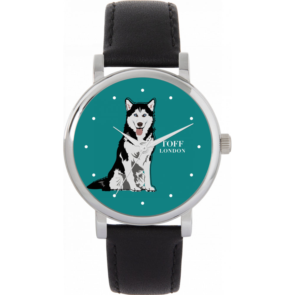 Ladies Black And White Husky Dog Watch