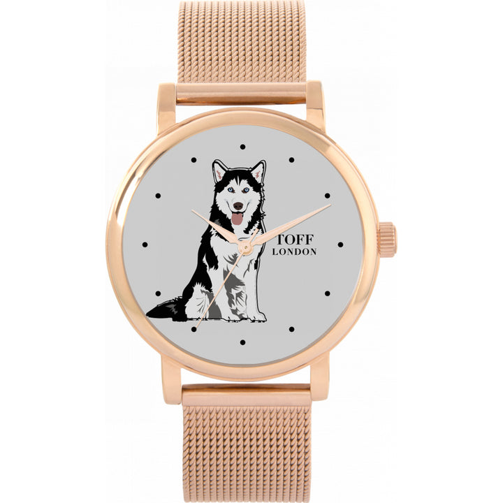 Ladies Black And White Husky Dog Watch