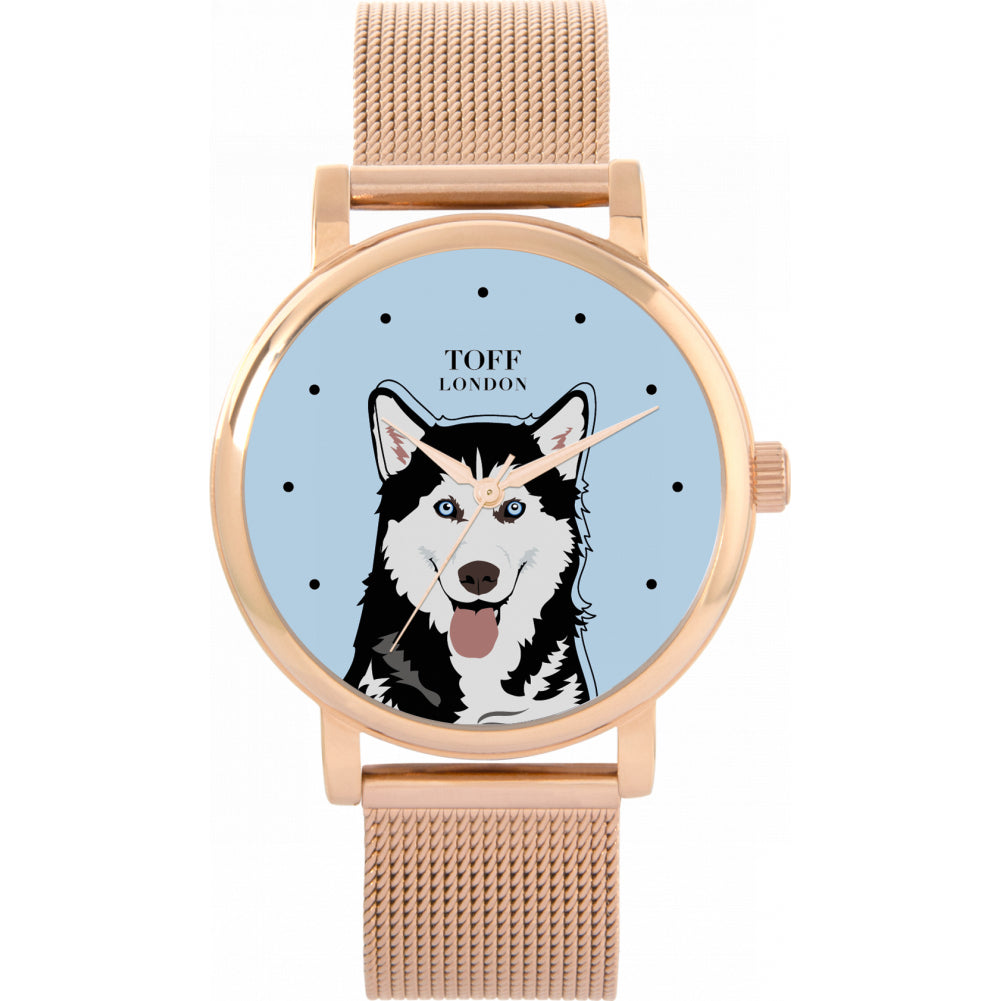 Ladies Black And White Husky Dog Head Watch