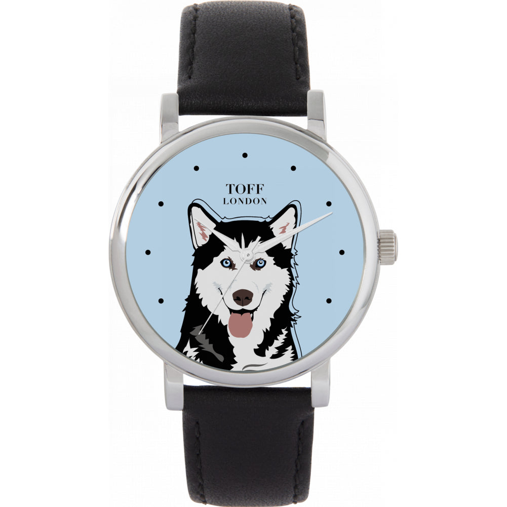 Ladies Black And White Husky Dog Head Watch