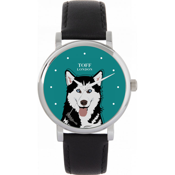 Ladies Black And White Husky Dog Head Watch