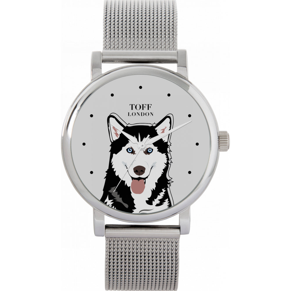 Ladies Black And White Husky Dog Head Watch