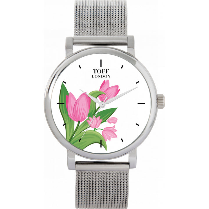Ladies Pink Tulips Flower Watch