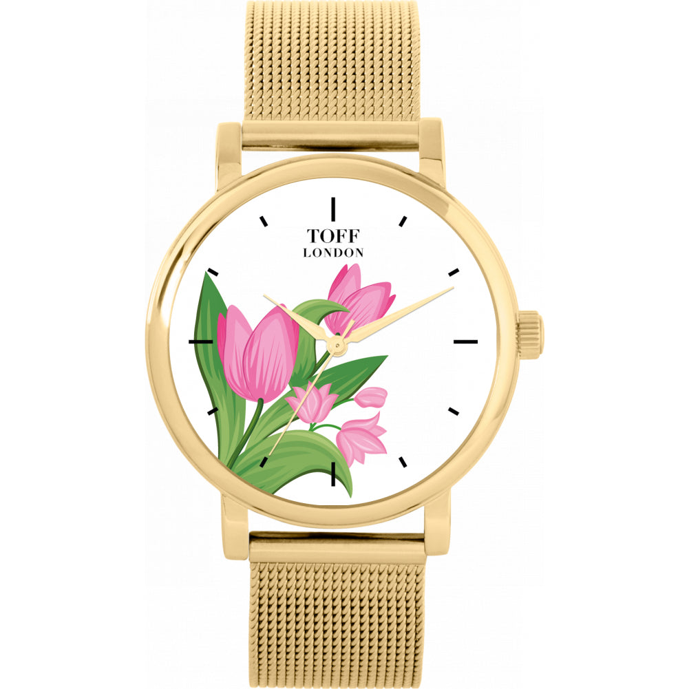 Ladies Pink Tulips Flower Watch