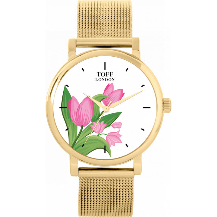 Ladies Pink Tulips Flower Watch