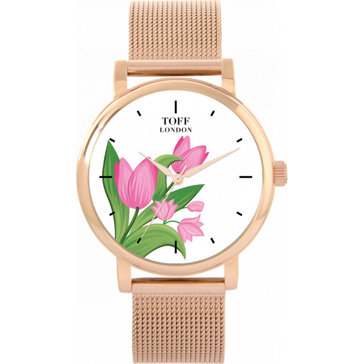 Ladies Pink Tulips Flower Watch