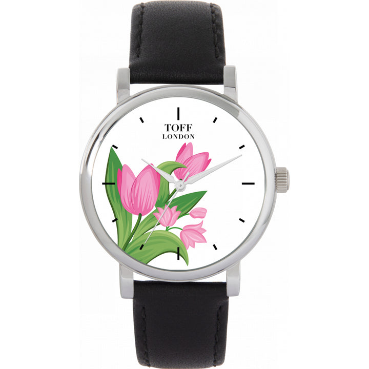 Ladies Pink Tulips Flower Watch