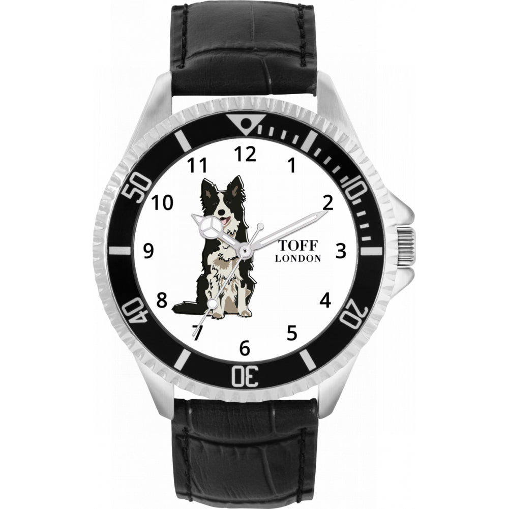 Mens Black And White Border Collie Dog Watch