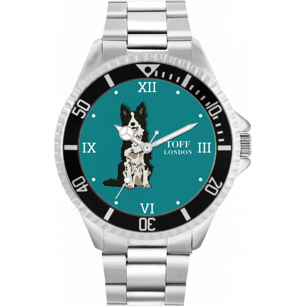 Mens Black And White Border Collie Dog Watch