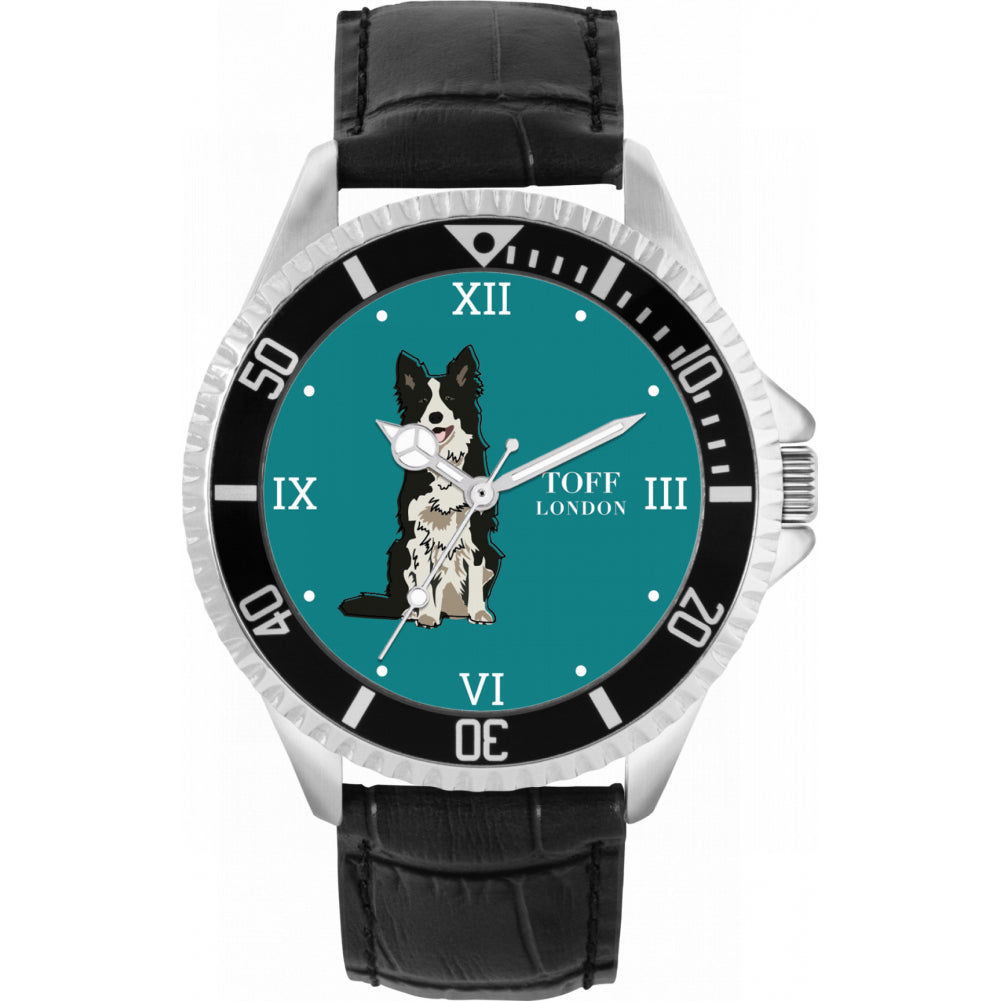 Mens Black And White Border Collie Dog Watch