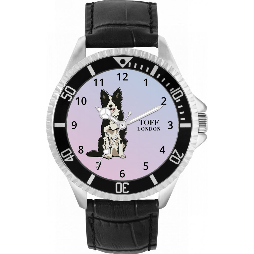 Mens Black And White Border Collie Dog Watch