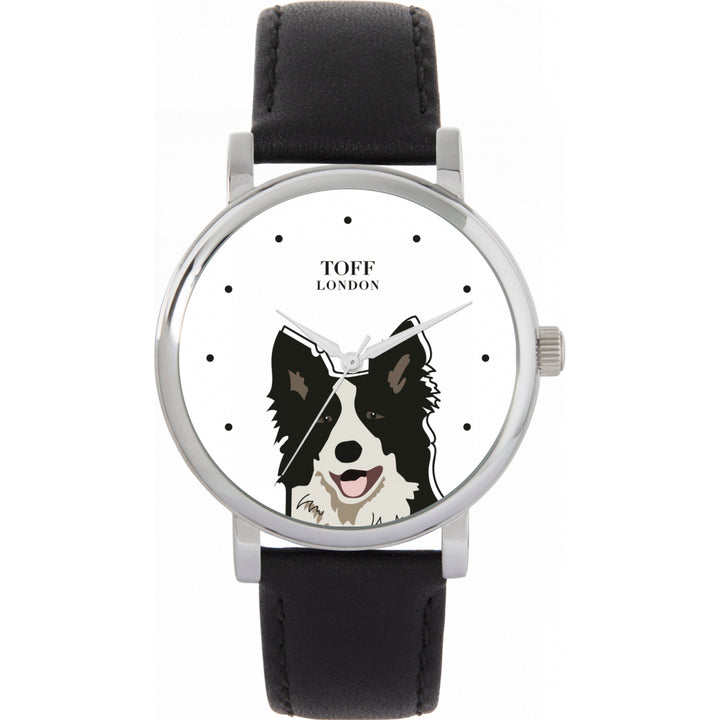 Ladies Black And White Border Collie Dog Head Watch
