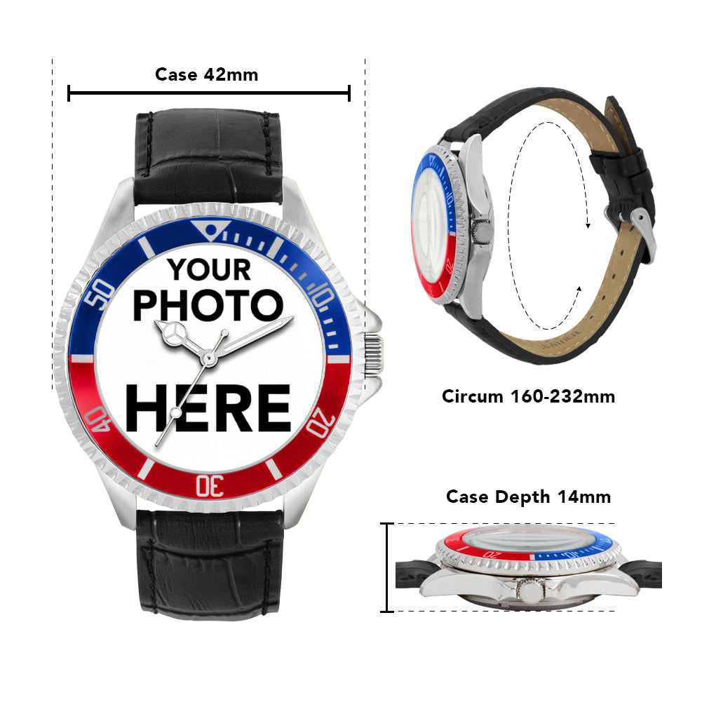 Men’s Personalised Photo Watch – Blue & Red Bezel