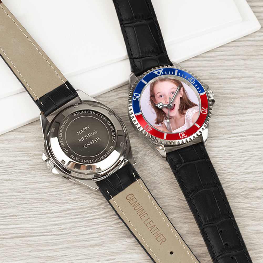 Men’s Personalised Photo Watch – Blue & Red Bezel