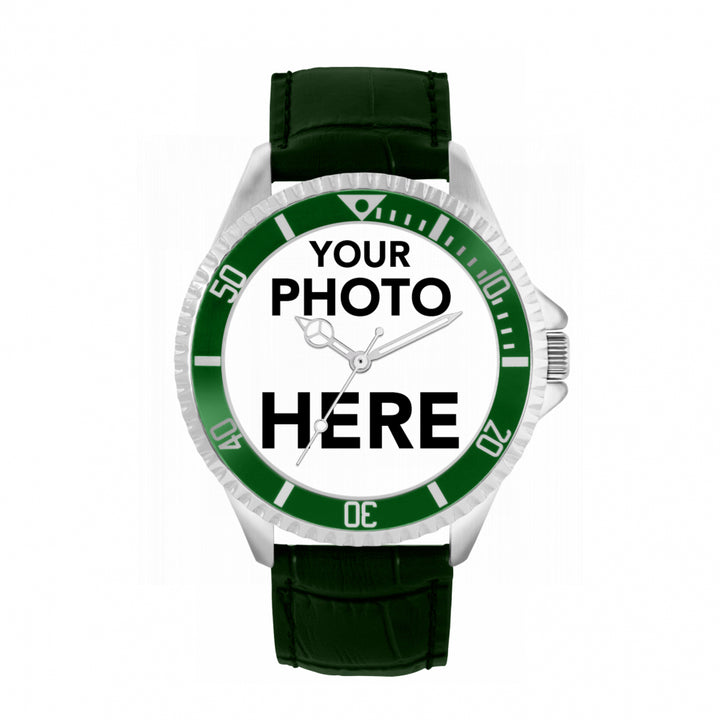 Men’s Personalised Photo Watch – Green Bezel