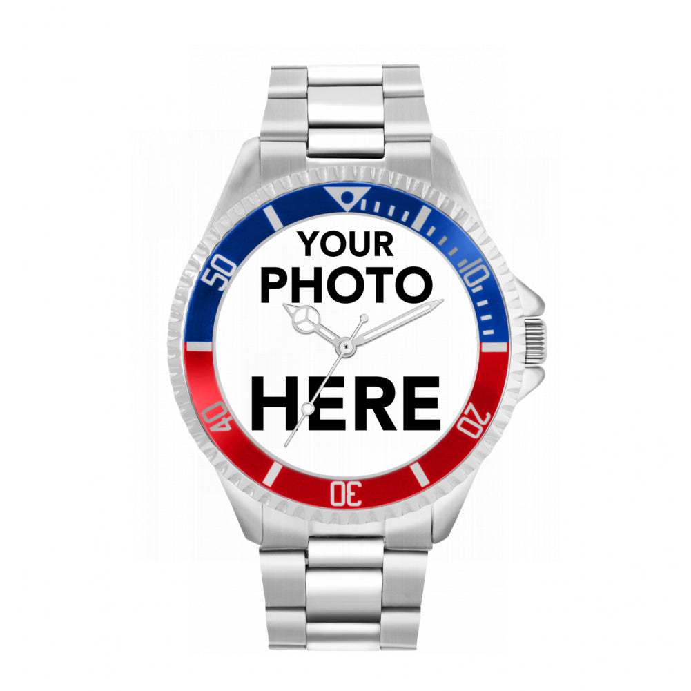 Men’s Personalised Photo Watch – Blue & Red Bezel