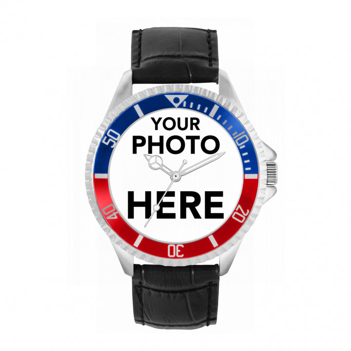 Men’s Personalised Photo Watch – Blue & Red Bezel