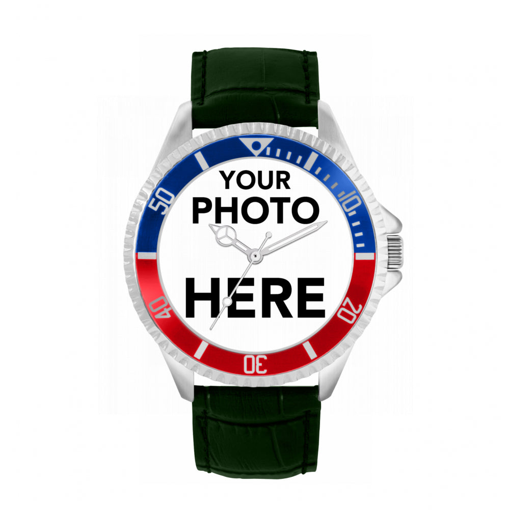 Men’s Personalised Photo Watch – Blue & Red Bezel