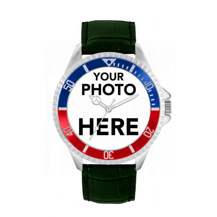 Men’s Personalised Photo Watch – Blue & Red Bezel