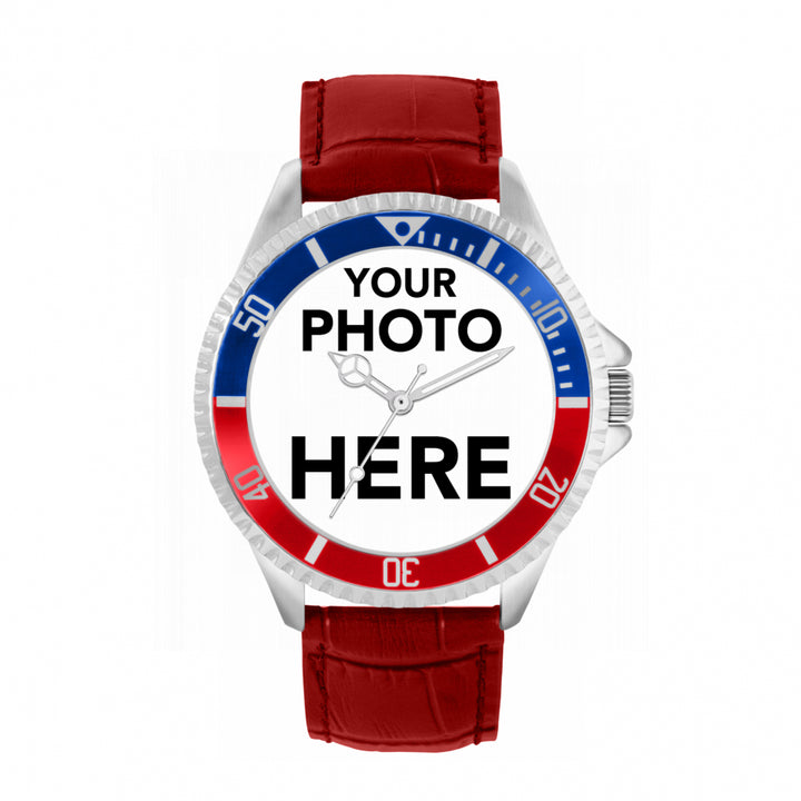 Men’s Personalised Photo Watch – Blue & Red Bezel