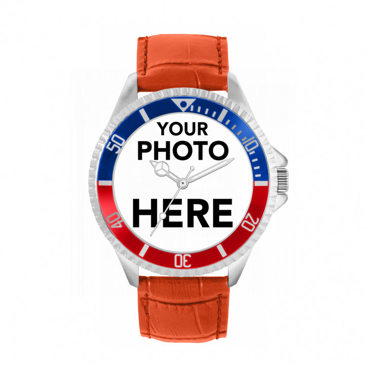 Men’s Personalised Photo Watch – Blue & Red Bezel