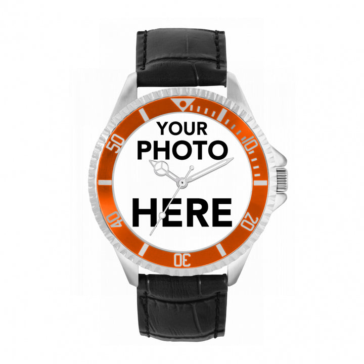 Men’s Personalised Photo Watch – Orange Bezel