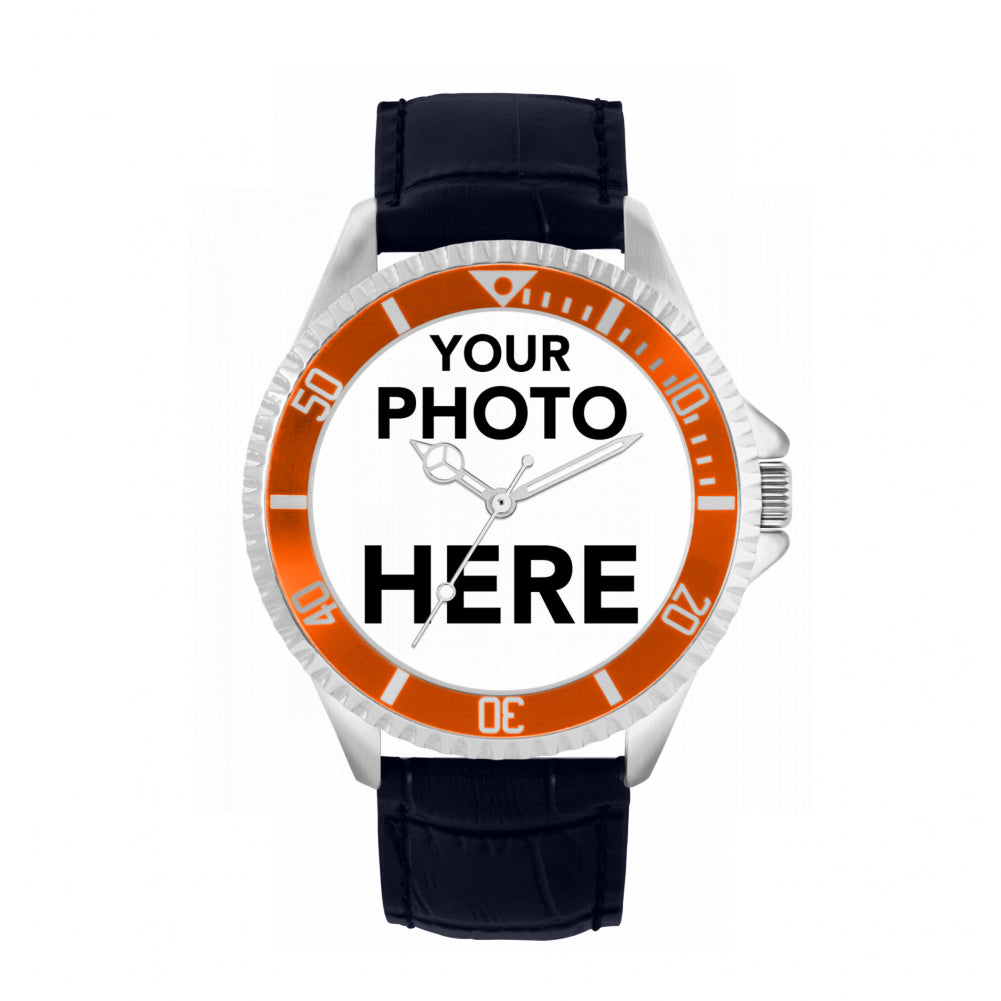 Men’s Personalised Photo Watch – Orange Bezel