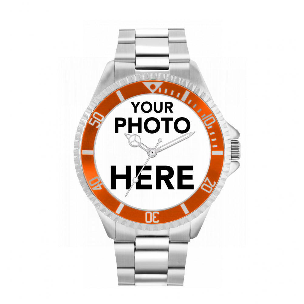 Men’s Personalised Photo Watch – Orange Bezel