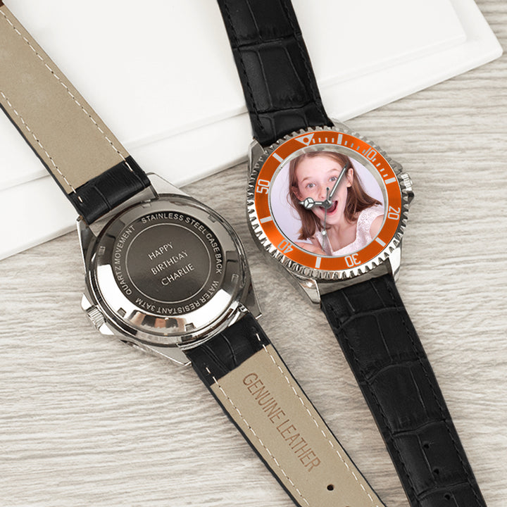 Men’s Personalised Photo Watch – Orange Bezel