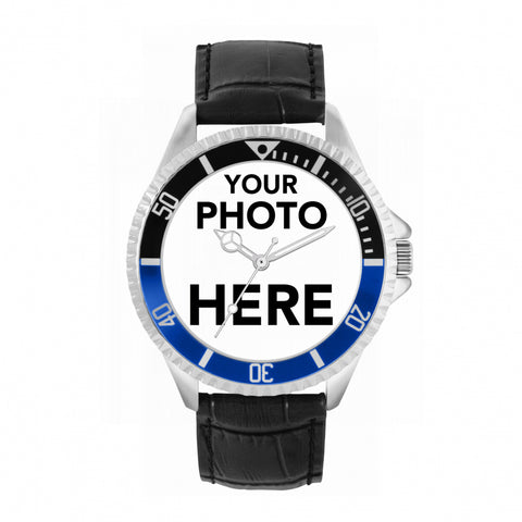 Men’s Personalised Photo Watch – Black & Blue Bezel