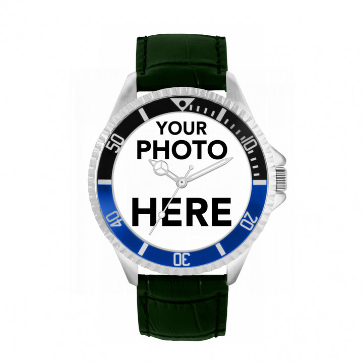 Men’s Personalised Photo Watch – Black & Blue Bezel