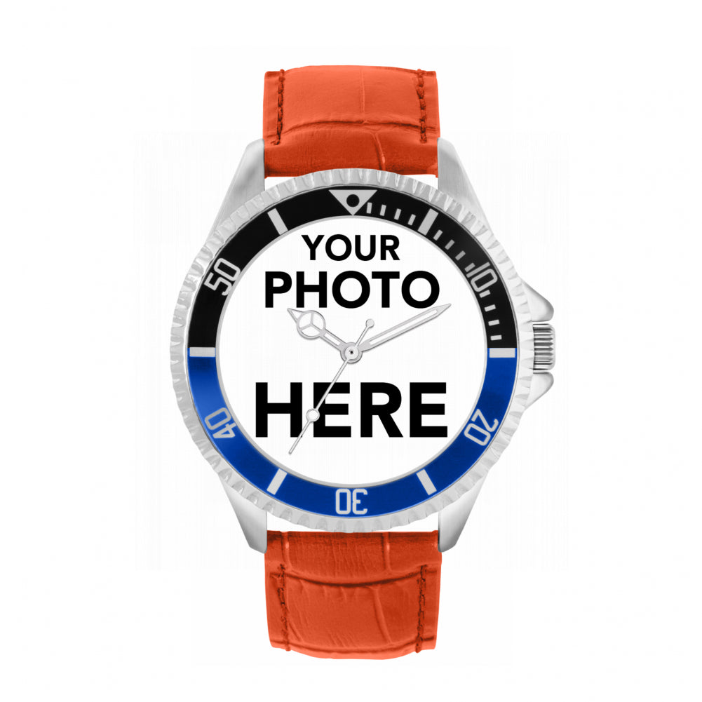 Men’s Personalised Photo Watch – Black & Blue Bezel
