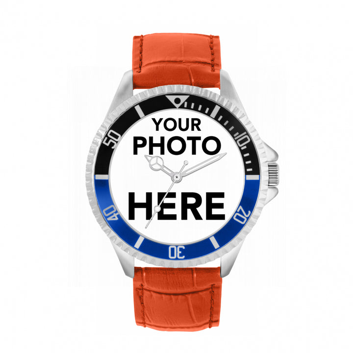 Men’s Personalised Photo Watch – Black & Blue Bezel