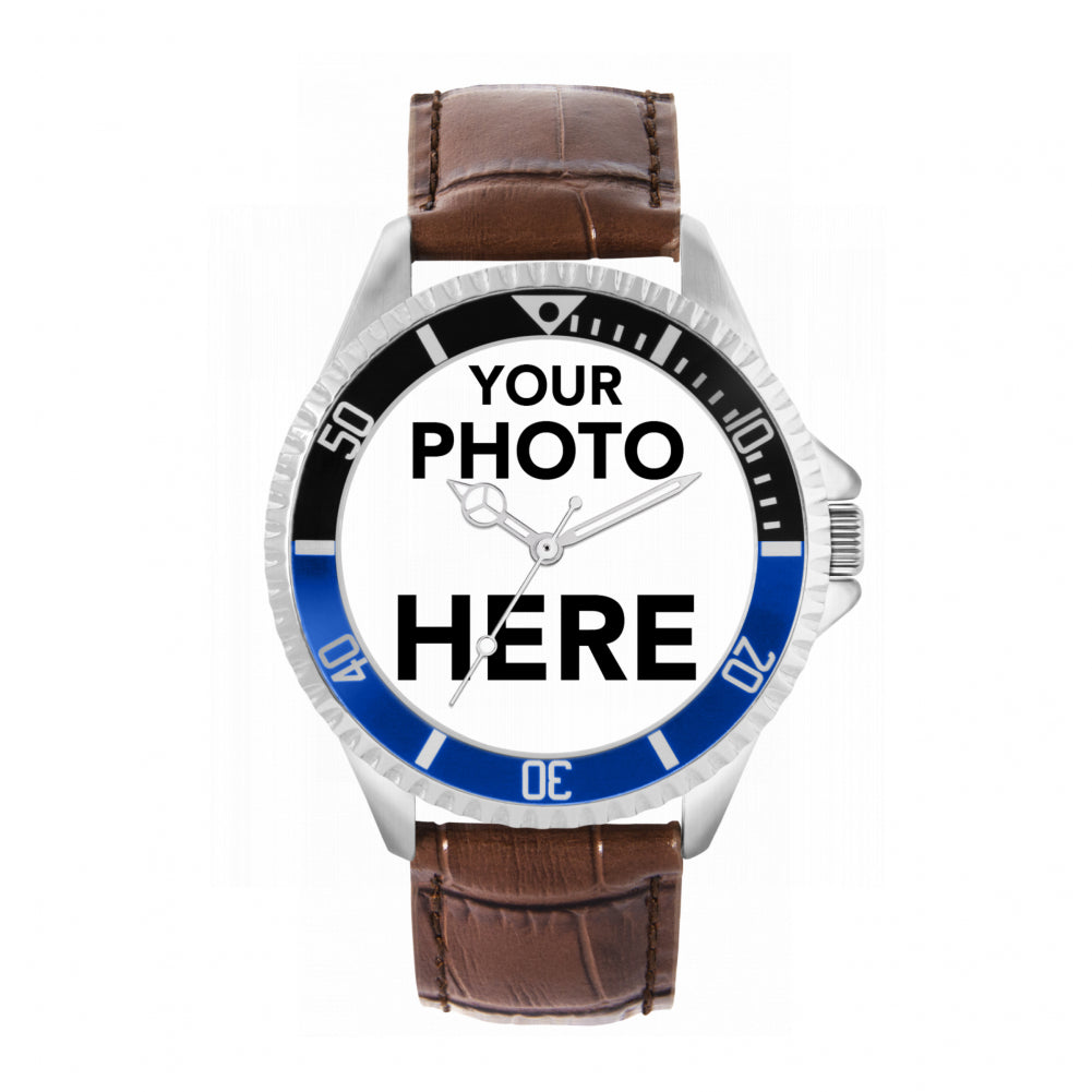 Men’s Personalised Photo Watch – Black & Blue Bezel