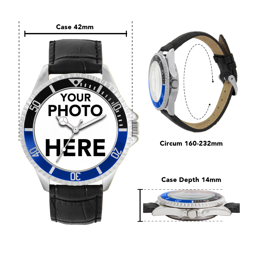 Men’s Personalised Photo Watch – Black & Blue Bezel