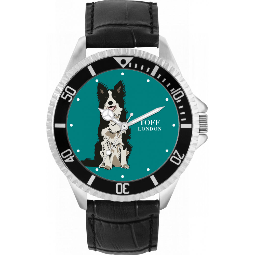Mens Black And White Border Collie Dog Watch