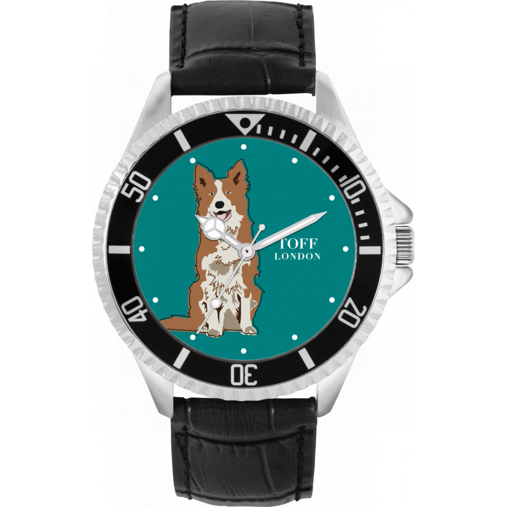 Mens Brown And White Border Collie Dog Watch